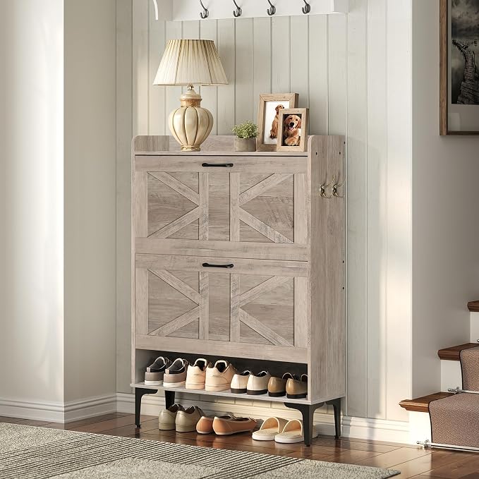 MAHANCRIS Shoe Storage Cabinet, Shoe Organizer with 2 Flip Drawers, Hidden Shoe Storage for Entryway, Freestanding Shoe Cabinet Organizer with Open Storages, Greige SHHG9401