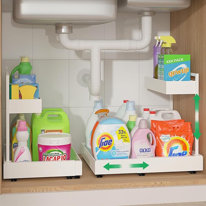 Expandable Under Sink Organizer with 6-Level Height Adjustment | Expandable Width, Pull-Out Cabinet Storage Rack with Quiet Sliding Rails for Kitchen, Bathroom, Laundry Room Cabinets, White