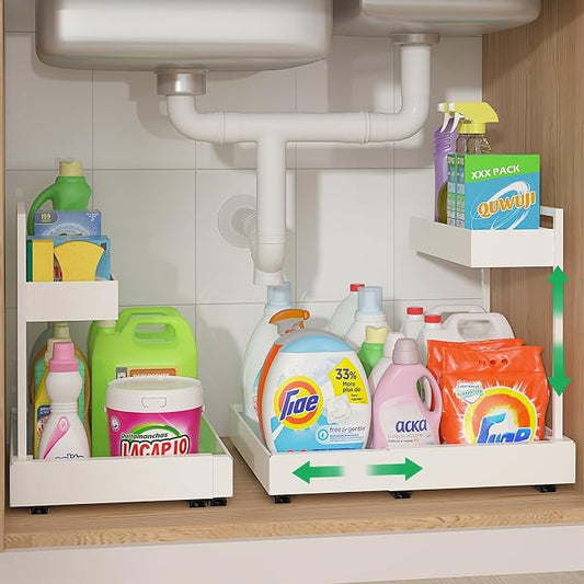 Expandable Under Sink Organizer with 6-Level Height Adjustment | Expandable Width, Pull-Out Cabinet Storage Rack with Quiet Sliding Rails for Kitchen, Bathroom, Laundry Room Cabinets, White