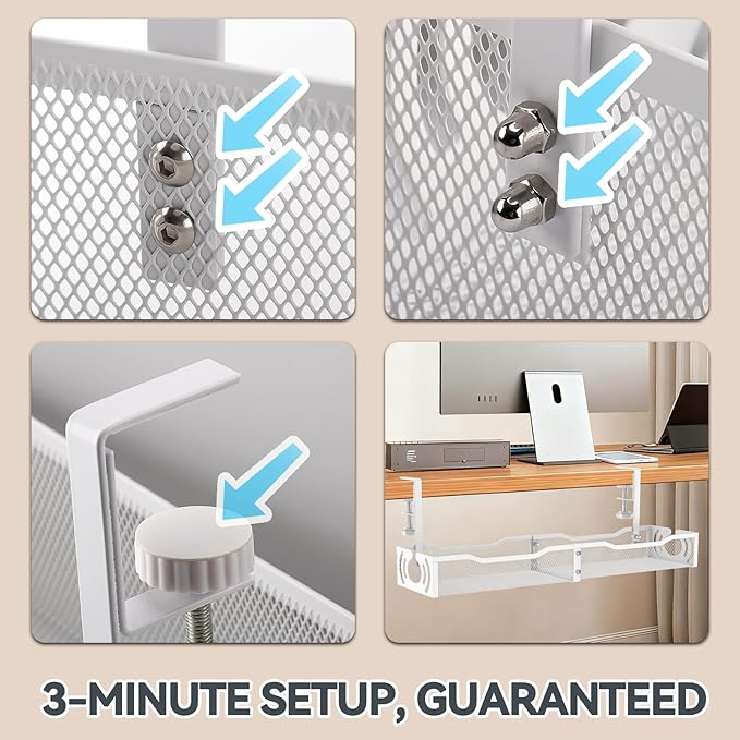 Cable Management, 25.3'' Under Desk Cable Management Tray No Drill | Metal Cable Organizer with Clamp for Wire Management, Cord Organizer for Home Office, Desk Accessories Organizer, White