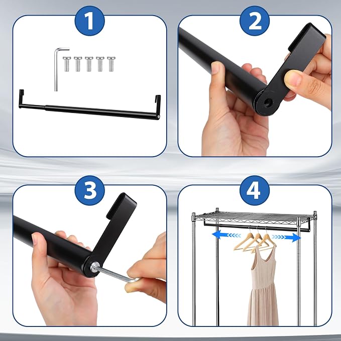 Expandable Closet Rod for Wire Shelf Hanging Clothes Adjustable Heavy Duty Closet Hanging Rod Extender Heavy Duty Hanger Bar Metal Poles for Wardrobes Hanger, 1 Pack(24-41 Inch,Black)