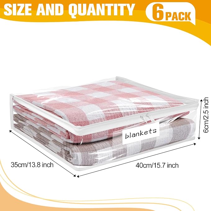 Kikerike Plastic Storage Bags with Easy-Glide Zipper, Pack of 6, Durable Clear Vinyl Zippered Storage Bags for Clothes Sweaters Comforters Blankets Sheets Bedding (15.7 x 13.8 x 2.5 Inch, White)
