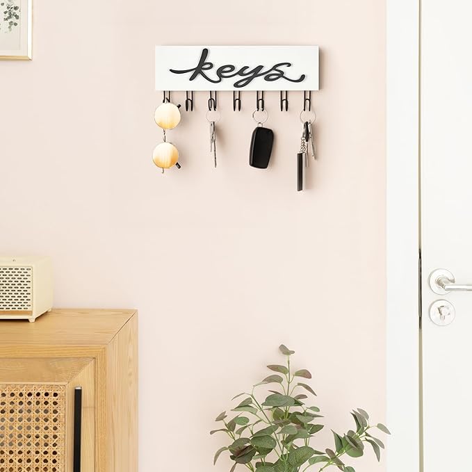 Mkono Key Holder Wall Mounted with 7 Hooks, Wood Key Hanger Home Decor | Decorative Key Hook, Easy Install, Storage Car Key Dog Leashes Sunglasses, Easy-To-Find, Entryway Mudroom Hallway Office Door