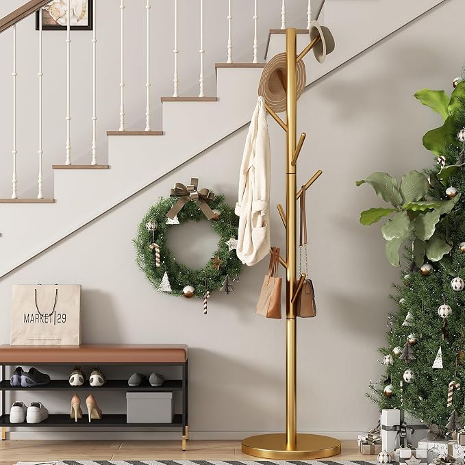 Coat Rack Freestanding Metal Coat Rack Stand with 8 Hooks,Gold | Sturdy Heavy Duty Modern Coats Tree for Bags Clothes Hall Tree Hats Hanger Holder Stand for Entryway Bedroom Hallway Office