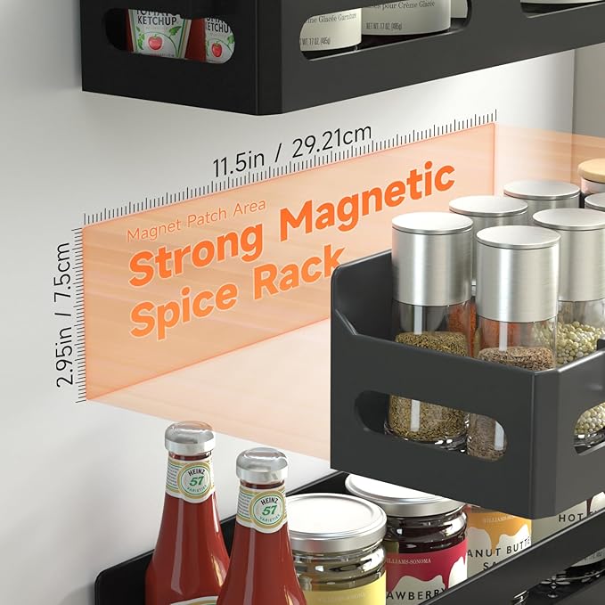 Sevenblue 6-Pack Magnetic Spice Rack for Refrigerator with Hooks, Black | Strong multipurpose magnetic shelf for kitchen & bathroom organization. Includes 4 removable hooks for hanging items.