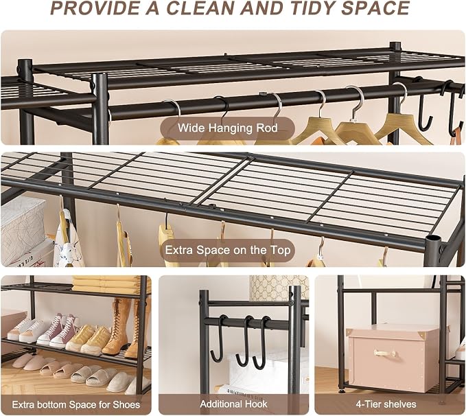 Closet Wardrobe, Closet Organizers and Storage System, Metal Clothes Rack | All in one, With 4 Tiers Shelves, Portable & Free Standing, for Hanging Clothes, for Cloakroom Bedroom