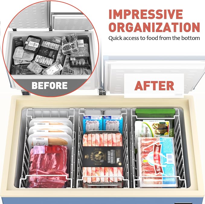 Goovilla Freezer Organizer Bins for 5-7 Cu.FT Chest Freezer, 4 Pack White | Foldable Handle Stackable Freezer Baskets, Coated Metal Freezer Storage Bins with Better Space Utilization, Deep Organization