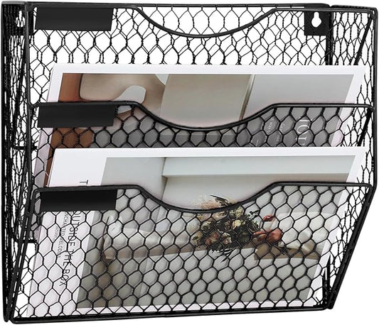 EASEPRES Mail Organizer Wall Mount Hanging File Holder Storage, Metal Chicken Wire Magazine Rack 3 Tier, Black