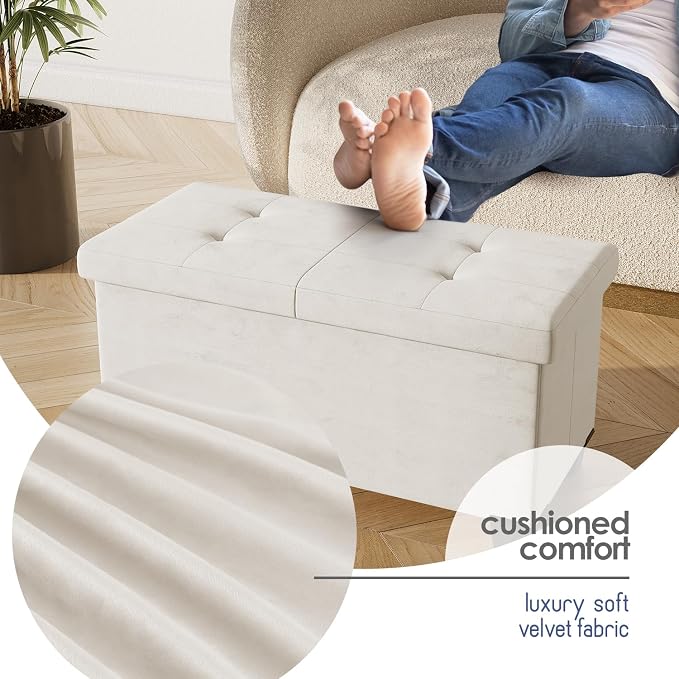 Storage Ottoman Bench with Bins, 30-in Storage Bench for Bedroom End of Bed, Folding Foot Rest Ottoman for Living Room Max 660lbs, Velvet Ottomans, Cream