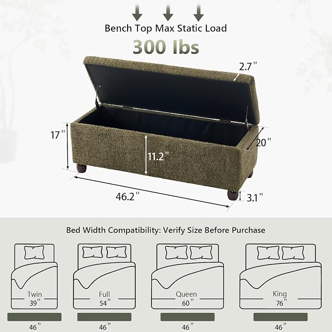 Boucle Storage Ottoman Bench, with Hidden Storage and Solid Wood Legs | Modern End of Bed Bench, Rectangle Footrest, Hidden Storage, Solid Wood Legs, Bedroom, Living Room and Entryway Use, Green