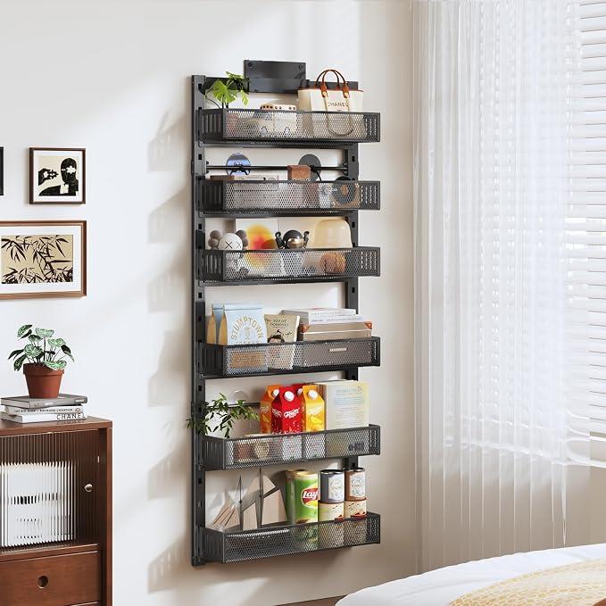 Pantry Door Organizers and Storage, 6-Tier Large Metal Heavy-Duty Frame Over the Door Spice Rack, 2 in 1 Wall-Mounted or Hanging shelf for Kitchen, Bathroom, Laundry Room, Bedroom, Closet &Nursery