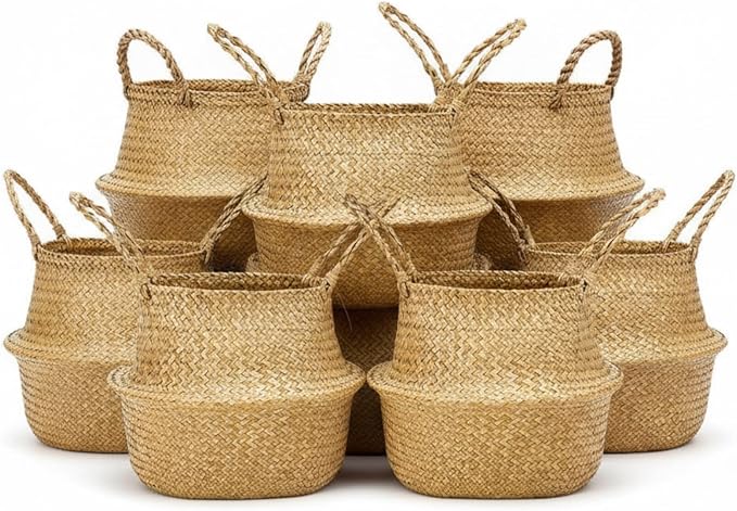Qunclay 8 Pcs Woven Seagrass Baskets Belly Basket Folding Boho Natural Plant Pot with Handles Round Decorative Wicker Large Indoor Planter for Home Outdoor Tree Planters Decor (L,13''dx11''h)