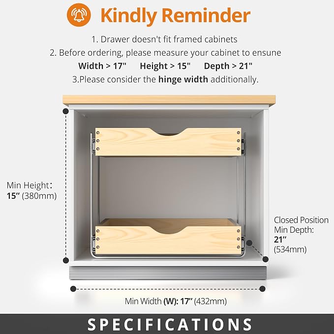 21" Deep 2-Tier Pull Out Cabinet Organizer - Wood Pull Out Drawers | Slide Out Shelves, Full-Extension, Ball-Bearing Slides, 3 Adjustable Heights (2-Tier, 20''W X 21''D Overall)