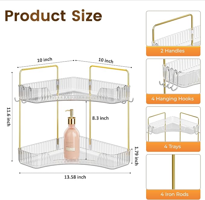 Corner Bathroom Counter Organizer 2 Tier Bathroom Organizers | Storage Countertop with Hooks Skin Care Exquisite Vanity Organizer Countertop Bathroom Storage Dresser, Kitchen-Clear
