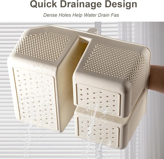 Plastic Shower Caddy Portable Shower Basket with Bamboo Handle, Cream | Cleaning Caddy Organizer Storage Tote for Bathroom, College Dorm Essentials, Bath Toy Storage