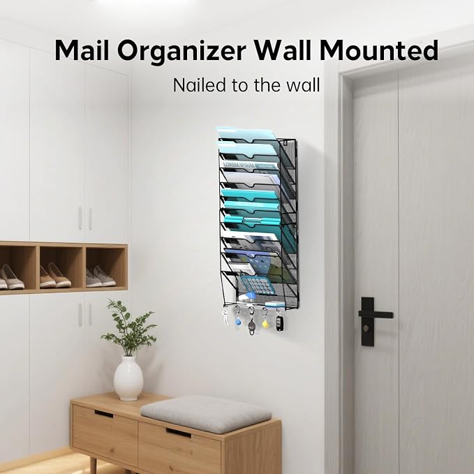 11 Tier Wall File Organizer - Hanging File Organizer with 5 Hooks, Mail Holder Wall Mounted for Papers, Folders, Magazines, Bills, Office&School Organization, Black