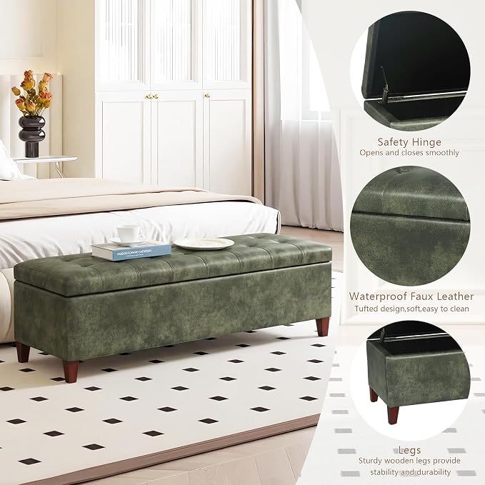 Joveco Storage Ottoman Bench, 51 Inch Tufted Leather Rectangle Bench for End Foot of Bed, Bedroom, Living Room, Deep Green