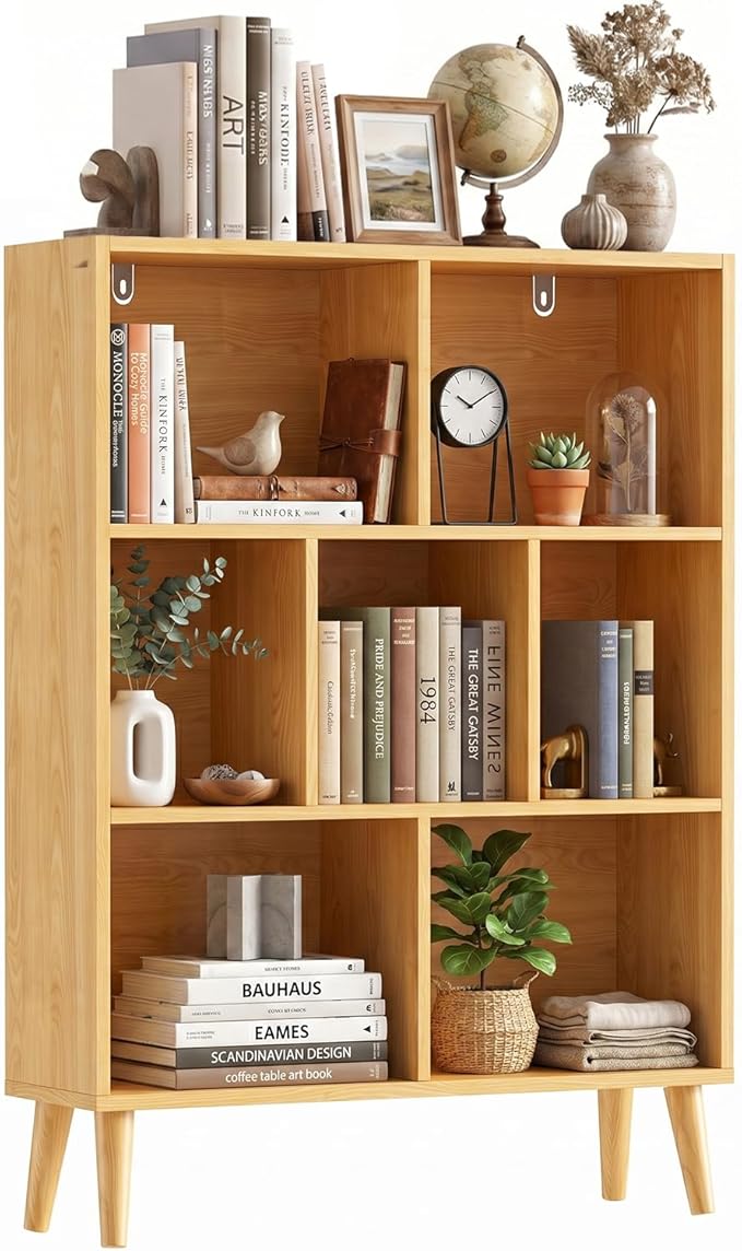 7 Cube Storage Organizer Shelf，Open Cube Bookshelf with Legs | 3 Tier, Mid-Century, Heavy Duty, Modern Bookcase, Display Shelf, Living Room, Bedroom, Office, Deep Natural