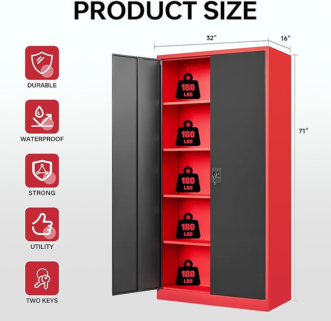 Letaya Metal Storage Cabinets with Lock, 71" Tall Locker Organizer Steel Cabinets, Adjustable Shelves 2 Doors for Home, Office, Warehouse,Garage,Industrial,Employee Lockers (Style B, Black Red)