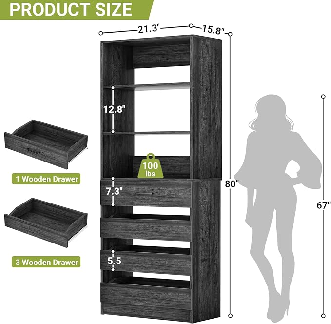 Aheaplus 21.3" Closet System with 4 Drawers, Wood Closet Organizer with Open Shelves, Modular Drawers System Tower, Walk-in Small Wardrobe Rack, Tall Storage Cabinet Unit, Black Oak