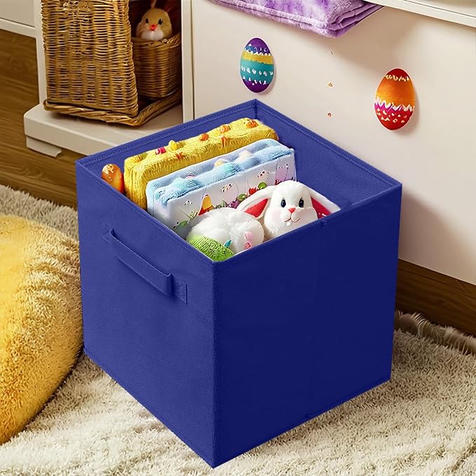 PowerKing Collapsible Storage Cubes, Farbic Storage Bins, Dark Blue, 6Pack | Sturdy, Lightweight, Easy Pull Handle, Closet & Shelf Organizer, Clothes and Toys Storage, 10.5'' x 11'' x 10.5''