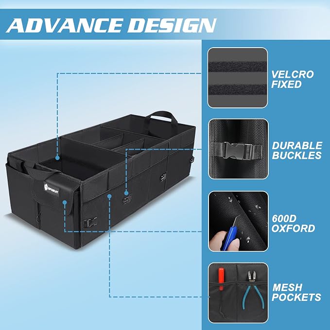 Sposuit Trunk Organizer with Insulated Leakproof Cooler Bag, 98L Collapsible Car Storage Large Trunk Organizer for Car SUV Van with Removable Dividers & Adjustable Securing Straps