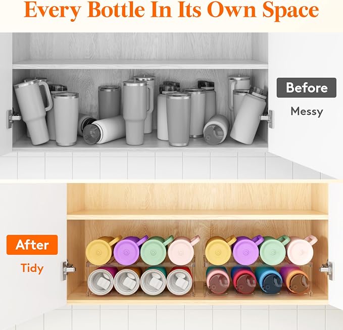Lifewit Stackable Bottle Storage Organizer, Clear Freestanding Wine Holder for Cabinet, Large Slot Water Bottle Tumbler Cup Organizer for Pantry, Plastic Wine Rack for Fridge Cellar, 2Tier Hold 8