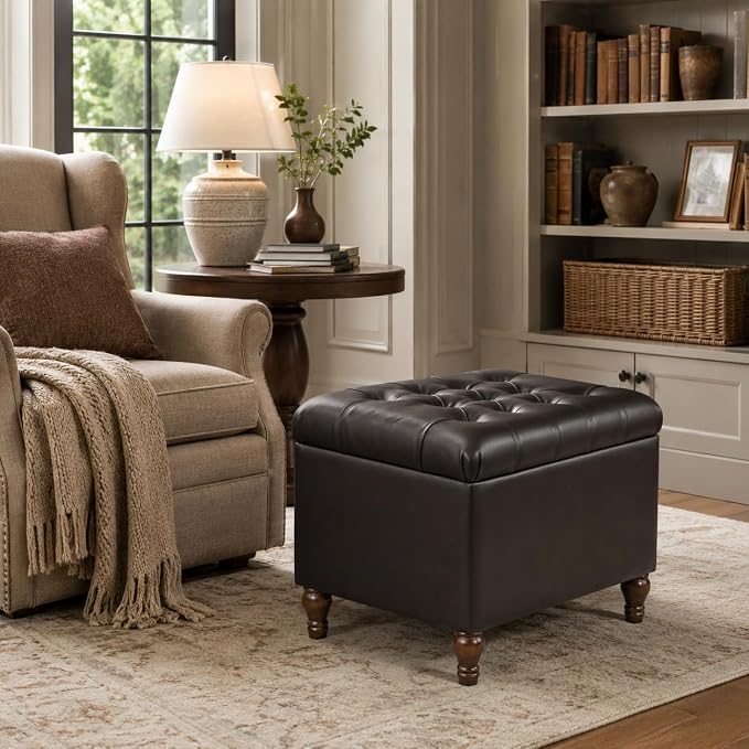 Spatial Order 24" Medium Tufted Storage Ottoman - Espresso Brown Faux Leather