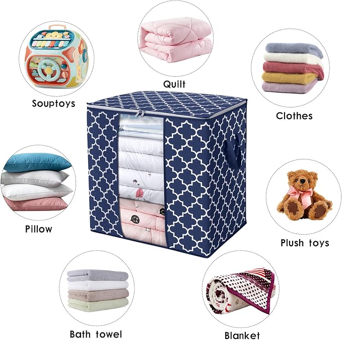 WISELIFE Storage Bags 4 Pack/100L Large Blanket Clothes Organization and Storage Containers for Comforters,Bedding, Foldable Organizer with Reinforced Handle, Clear Window, Sturdy Zippers,Blue