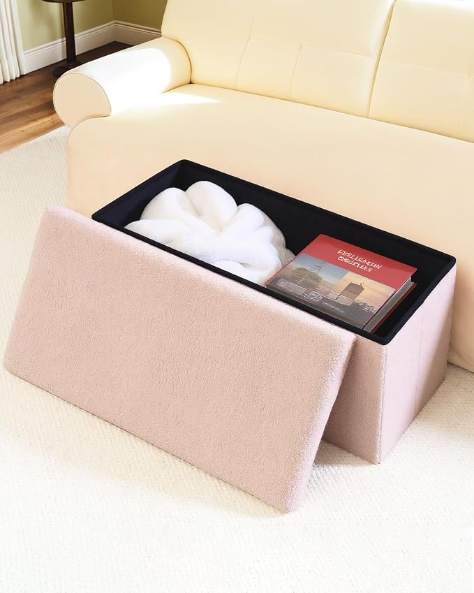 30 Inch Storage Ottoman Bench, Boucle Folding Ottoman Footstool, Rectangular Sherpa Footrest Storage Bench for Bedroom, Living Room, Entryway, Dorm, Pink