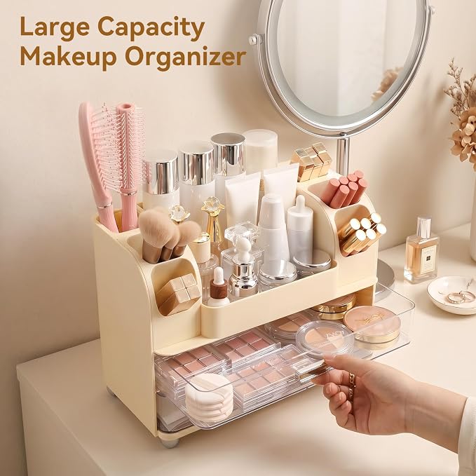 Makeup Organizer for Vanity with 2 Large Drawers and 6 Brush Holders, Cream | Large-Capacity Makeup Holder Keeps Skincare and Cosmetics Organized and Easy to Reach on Vanity or Bathroom Counters