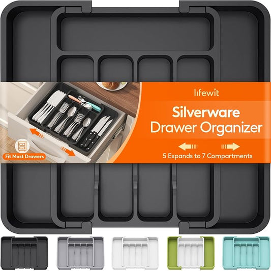 Lifewit Silverware Drawer Organizer, Expandable Utensil Tray for Kitchen, BPA Free Flatware and Cutlery Holder, Adjustable Plastic Storage for Spoons Forks Knives, 8.9-14.7 x 12.2", Black