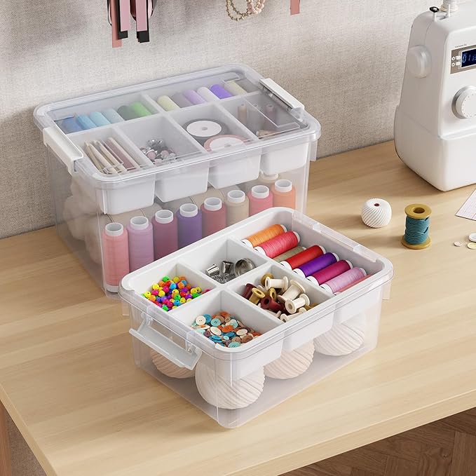 160Qt Stackable Storage Bins with Lids Trays Craft Box Organizers, 4Pack,WH | Clear Plastic Latching Boxes Organizers with Dividers Portable Containers for Arts & Crafts, Home Office Classroom Car Trunk