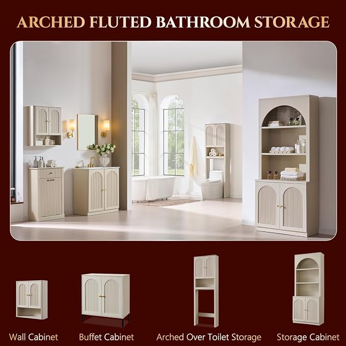 72" Over The Toilet Storage Cabinet, Modern Over Toilet Bathroom Organizer Shelf with Fluted Arched Doors, Wooden Free Standing Bathroom Storage Cabinet with Adjustable Shelf, Space Saver, Cream