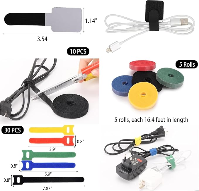 Cable Management Kit, 600+ PCS Cord Organizer Set with Cable Sleeves, Clips, Reusable Ties, Adhesive Tie Rolls & Nail Clips for Desk, TV, PC, Office & Home Wire Organization