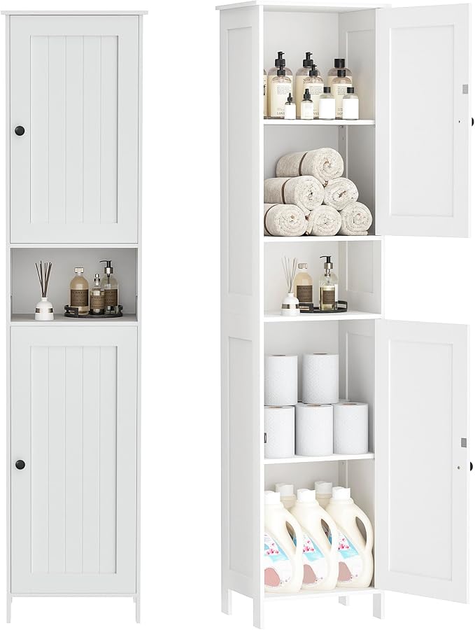 Homleke Tall Bathroom Storage Cabinet with 2 Doors, Slim Bathroom Cabinet | Narrow Storage Cabinet with Adjustable Shelves, Anti-Tip Design, Reversible Door, Easy Assembly, White, 15.7''W