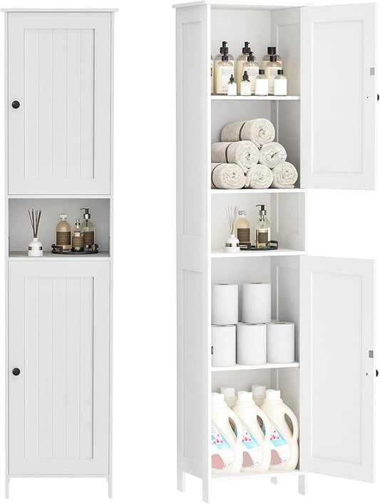 Homleke Tall Bathroom Storage Cabinet with 2 Doors, Slim Bathroom Cabinet | Narrow Storage Cabinet with Adjustable Shelves, Anti-Tip Design, Reversible Door, Easy Assembly, White, 15.7''W
