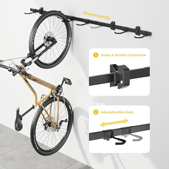 monTEK Enhanced Garage Bike Rack, Adjustable 6 Bike Hangers for Garage | Equipped with 78.5in Extended Rail,Accommodate Various Bicycle Sizes,Heavy-Duty Steel Bike Wall Mount,Max Capacity 330 lbs