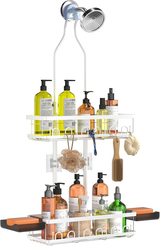 Skyapex Shower Caddy Hanging: Adjustable Height Organizer for Over Showerhead - Rustproof Shower Shelves with Hooks & 2 Soap Holders, White
