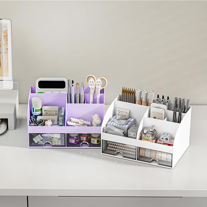 COMFYROOM Desk Organizer with 6 Compartments and 2 Drawers, Plastic Makeup Organizer, Pen Holder for Desktop Storage, Desk Organization for School, Home, Office Supplies (Purple)