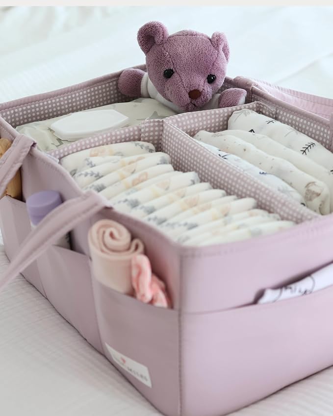 Baby Diaper Caddy Organizer, Wipeable Diaper Organizer Basket with 8 Pockets for Newborn Essentials, Baby Shower Gifts, Nursery Tote Bag for Changing Table or Car (Rosy Lilac, Large)