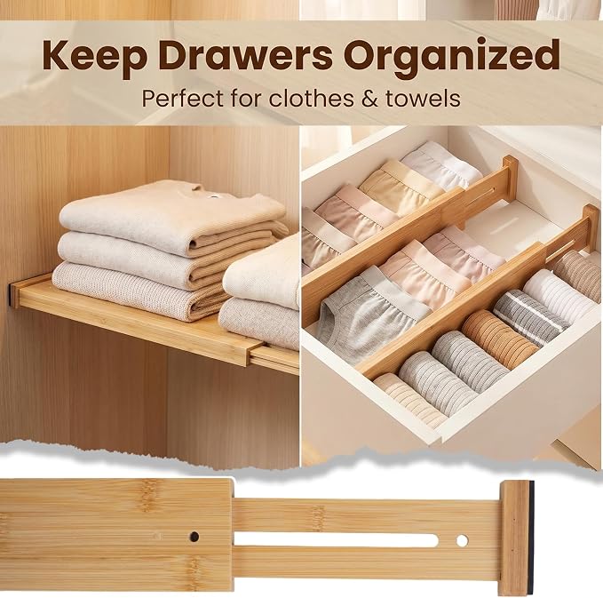 Joyeee Kitchen Drawer Dividers 8 Pack, 16.9-22" Adjustable Bamboo Drawer Organizer, 2.28" High Expandable Utensils Separators for Closet, Dresser, Bathroom, Bedroom