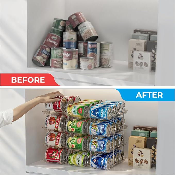 Can Organizer for Pantry Stackable 4 Tiers Can Storage Organizer Pantry Soda Can Organizer for Fridge 48 Cans Rack Automatic Rolling Canned Food Organizer for Refrigerator Kitchen Clear
