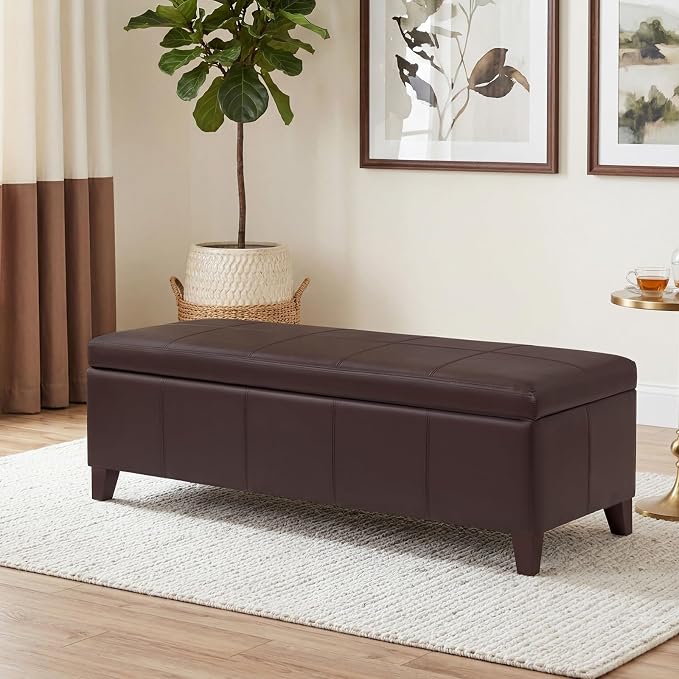 51" Coffee Brown Faux Leather Storage Ottoman | Foot Rest with Hinged Lid, Long Rectangle Bed Bench for Living Room, Bedroom, Entryway