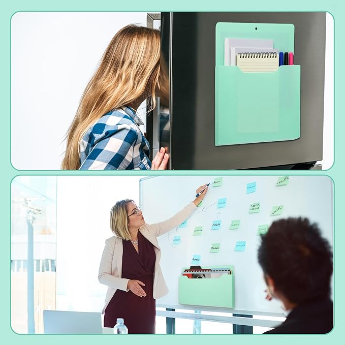 Feifeiya 2 Pcs Magnetic File Folder Wall Hanging Holder Large Pocket Paper Magazine Mail Organizer for Refrigerator Classroom Locker Whiteboard(Mixed,Mint Green,13.8 x 8.3 Inches,12.2 x 9.4 Inches)