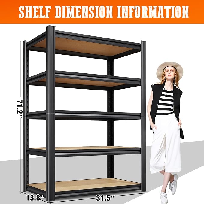 5 Pack Garage Shelving Heavy Duty Storage Shelves, Metal Adjustable Shelving Unit, Utility Garage Organizer Shelf for Basement, Pantry, Kitchen, Warehouse, 71.2" Hx31.5 Wx13.8 D, Black