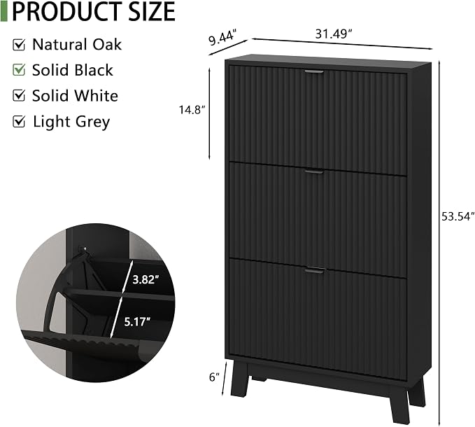 Xixini Shoe Cabinet with 3 Flip Drawers, 54" Tall Narrow Fluted Shoe Storage Organizer for Entryway, Hidden Slim Wooden Shoe Rack Cabinet for Front Door Entrance, Hallway, Living Room, Solid Black