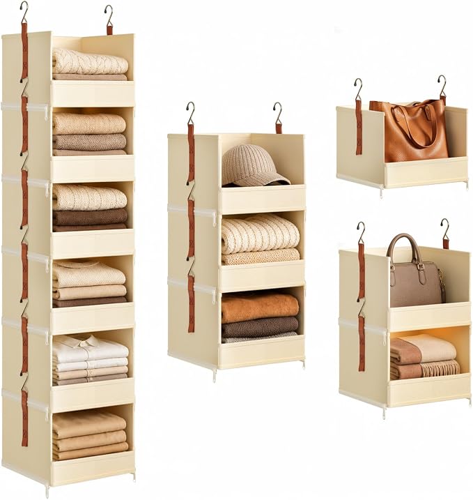 DIMJ Hanging Closet Organizer - 6-Tier Modular Hanging Shelves with Zippers Hooks, Collapsible Baskets for RV, Dorm, Small Spaces, Fabric Storage Bins for Clothes, Handbags