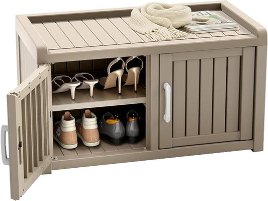 ROJIK Shoe Cabinet Waterproof UV-Resistant,Storage Bench Indoor Outdoor with Adjustable Shelves,for Entryway Bedroom,Hallway,Living Room(Double Door,Grey)