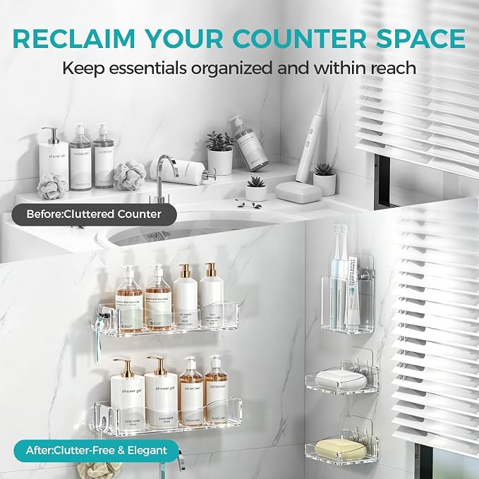 Rust-proof Shower Shelves, Bathroom Storage Organizer Shower Caddy (Clear 5-Pack)